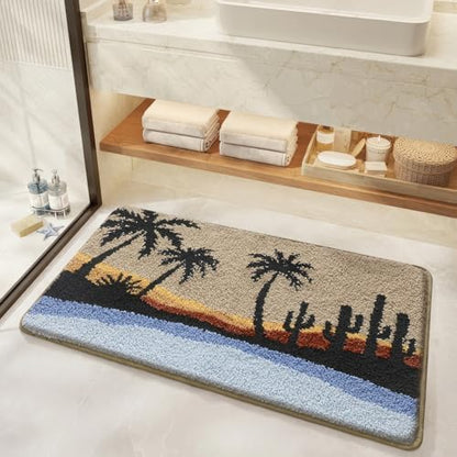 Bathroom Rug Mat, Beach Sunset Fluffy Rug with Palm Tree & Cactus Silhouette, Ultra Absorbent Microfiber Shaggy Door Mat, Quick Dry Bath Rug Carpet for Toilet Bathtub Bedroom 20x31 Inch