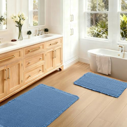 JIUZHEN Set of 2 Waffle Bath Mats Boho Bath Rugs 16"x24"+20"x32", Blue