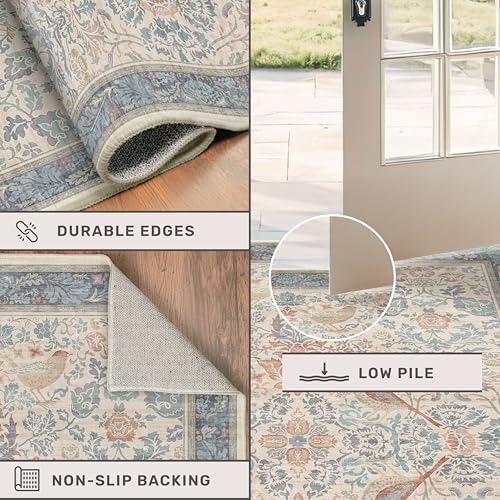 Hazo Haus Soft Red Blue 2x10 Long Hallway Runner Rug, Boho Farmhouse Rug for Mudroom Kitchen and Bathroom, Non-Slip Low-Pile Washable Stain Resistant, Vintage Natural Botanical & Bird Pattern Décor