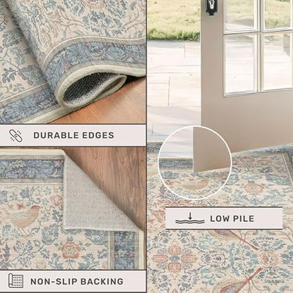 Vintage Boho 2x4 Area Rug for Entryway - Washable Blush Red Slate Blue Kitchen Rug for the Floor, Low Pile Non-Slip Rugs for Bathroom, Floral Bird Pattern Decor & Stain Resistance