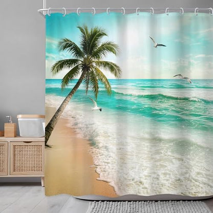 Ocean Coastal Beach Hawaiian Tropical Seagull Bathroom Shower Curtain Set