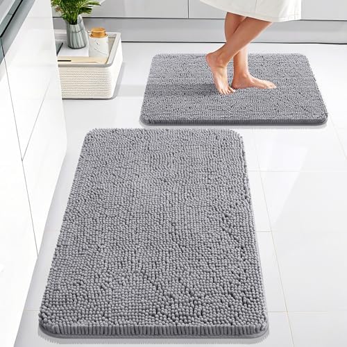 OLANLY Chenille Bathroom Rugs Mats Sets 2 Piece, 30"x20"+24"x16", Grey