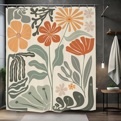 Retro Flower Matisse 70s Shower Curtain 60Wx72L Inch Colorful Groovy Vintage Trendy Funky Sage Green Orange Bathroom Set Accessories Decor with 12 Pack Hooks