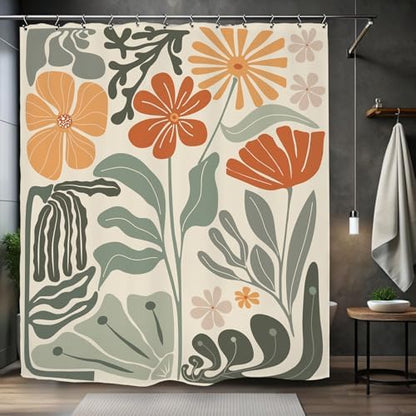 Retro Flower Matisse 70s Shower Curtain 60Wx72L Inch Colorful Groovy Vintage Trendy Funky Sage Green Orange Bathroom Set Accessories Decor with 12 Pack Hooks