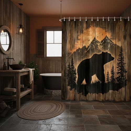 Rustic Cabin Shower Curtain for Bathroom, Forest Bear Wooden Bath Curtains, Wildlife Country Hunting Camping Waterproof Fabric Bathroom Curtain Accessories Set with Hooks,70X75IN
