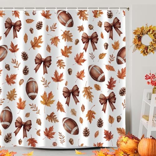 Fall Shower Curtain, Autumn American Football Maple Leaf Bathroom Curtain Set, Fall Thanksgiving Harvest Bath Curtain Decor Waterproof Fabric 72X72in