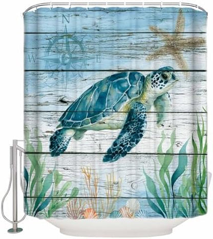 Shower Curtain Bathroom Set Sea Turtle Seagrass Starfish Waterproof Shower Curtains with Grommets Hooks Nautical Compass Blue Gradient Privacy Bath Curtain for Bathtub Decor 36x72in