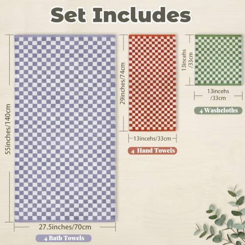 12 Piece Checkered Towel Set, Cotton Towels for Bathroom, 4 Colors