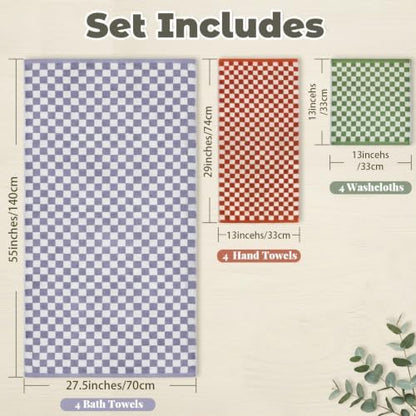 12 Piece Checkered Towel Set, Cotton Towels for Bathroom, 4 Colors