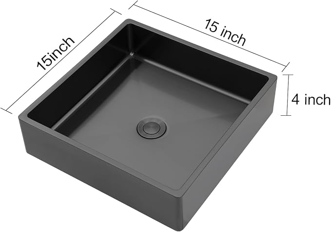 15"x15" Bathroom Vessel Sink Square - Gunmetal Black NANO-PVD, 16 Gauge 304 Stainless Steel, Above Counter Vanity Lavatory Art Bath Sink Basin