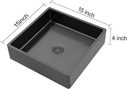 15"x15" Bathroom Vessel Sink Square - Gunmetal Black NANO-PVD, 16 Gauge 304 Stainless Steel, Above Counter Vanity Lavatory Art Bath Sink Basin