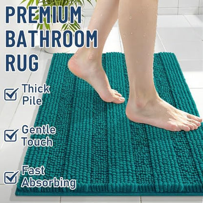 Grandaily Chenille Striped Bathroom Rugs 24x16, Extra Thick and Soft Absorbent Bath Mats, Rubber Backing, Plush Shaggy Shower Carpet, Machine Wash Dry, Bath Rug for Bathroom, Deep Lake