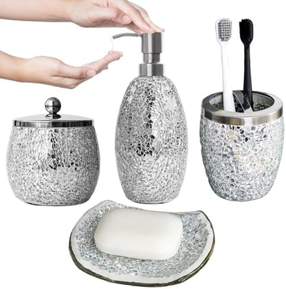 Escenzy Silver Bathroom Accessories Set 4 Pcs | Handcrafted Mosaic Glass Soap Dispenser, Toothbrush Holder, Cotton Jar, Soap Tray | Luxury Silver Glitter Bathroom Decor | Glam Home Gift