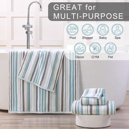 VOOVA & MOVAS Aqua Bathroom Towels 3 Pack, 100% Cotton,Striped Design