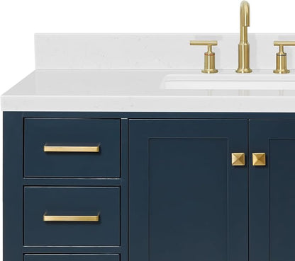 Beckford 48-Inch Bathroom Vanity with Sink — Midnight Blue Single Sink Bathroom Vanity, 1.5" Edge Carrara White Quartz Countertop, Solid Wood, 2 Soft-Close Doors, 9 Dovetail Drawers