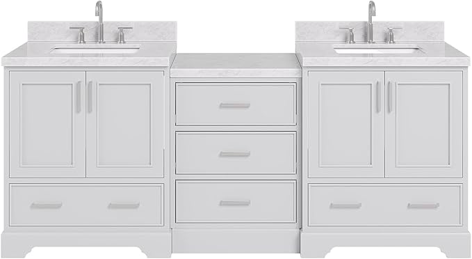 ARIEL Stafford 84-inch Bathroom Vanity with Sink,Solid Wood, 1.5in Italian Carrara Marble Countertop & Backsplash, Double Rectangular Porcelain Sink, 4 Soft Closing Doors, 5 Dovetail Drawers, Grey