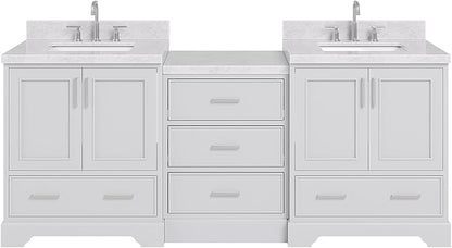 ARIEL Stafford 84-inch Bathroom Vanity with Sink,Solid Wood, 1.5in Italian Carrara Marble Countertop & Backsplash, Double Rectangular Porcelain Sink, 4 Soft Closing Doors, 5 Dovetail Drawers, Grey