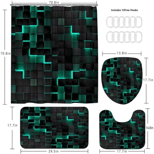 LQCOOL 4Pcs Green Shower Curtain Set 3D Cubes Bathroom Sets Modern Shower Curtain Set for Bathroom Sets with Rugs Black and Green Shower Curtain with 12 Hooks
