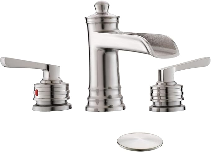 Fapully Brushed Nickel Bathroom Sink Faucet, Waterfall Bathroom Faucets 3 Hole, 8 Inch Widespread Bathroom Faucet with Pop-up Drain, 2-Handle Faucet for Bathroom Sink Vanity RV