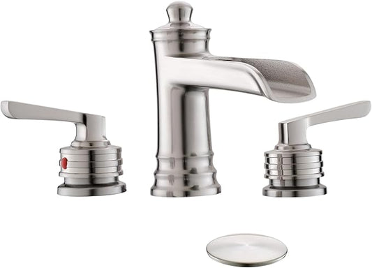 Fapully Brushed Nickel Bathroom Sink Faucet, Waterfall Bathroom Faucets 3 Hole, 8 Inch Widespread Bathroom Faucet with Pop-up Drain, 2-Handle Faucet for Bathroom Sink Vanity RV