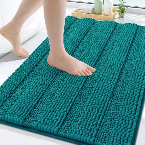 Grandaily Chenille Striped Bathroom Rugs 30x20, Extra Thick and Soft Absorbent Bath Mats, Rubber Backing, Plush Shaggy Shower Carpet, Machine Wash Dry, Bath Rug for Bathroom, Deep Lake