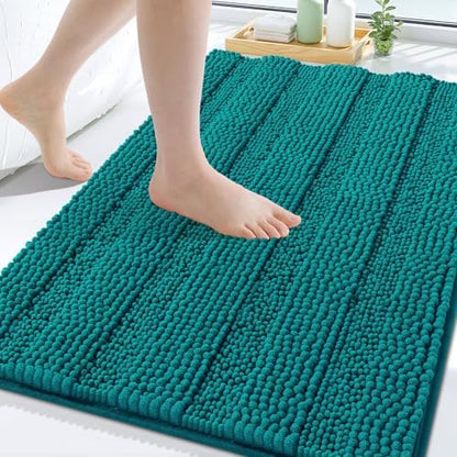 Grandaily Chenille Striped Bathroom Rugs 30x20, Extra Thick and Soft Absorbent Bath Mats, Rubber Backing, Plush Shaggy Shower Carpet, Machine Wash Dry, Bath Rug for Bathroom, Deep Lake