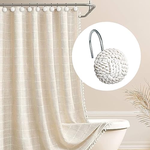 Sunlit Boho Knots Shower Curtain Hooks, Home Decorative White Shower Curtain Rings for Bathroom, Seaside Nautical Shower Curtain Hangers Bathroom Accessories, Set of 12