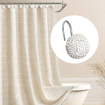 Sunlit Boho Knots Shower Curtain Hooks, Home Decorative White Shower Curtain Rings for Bathroom, Seaside Nautical Shower Curtain Hangers Bathroom Accessories, Set of 12