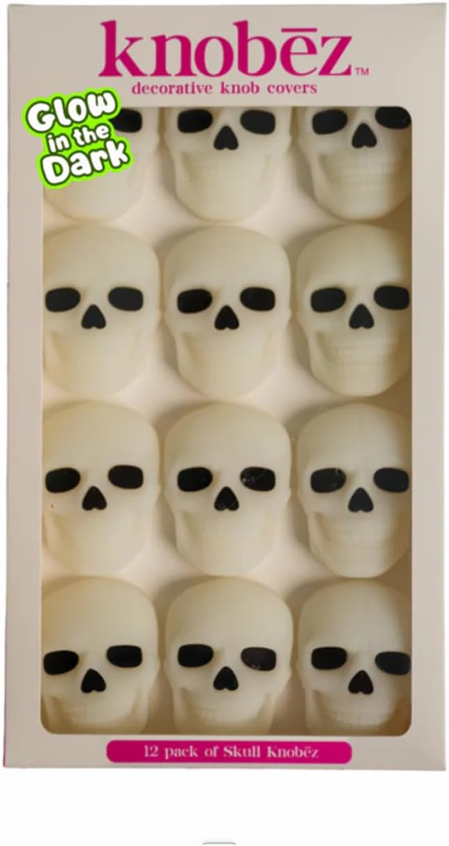 Knobēz 12pk Skull Decorative Cabinet Knob Covers - Spooky Halloween Decor | Stretchy Gothic hardware protectors fit 1 to 1.5 in round or square knobs for instant kitchen and bathroom seasonal style