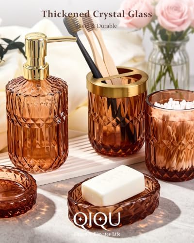 Bathroom Accessories Set, 5Pcs Clear Glass Bathroom Accessories, Soap Dispenser, Soap Dish, Toothbrush Holder Set, Tumbler, Qtips Holder for Vintage Crystal Bath Decor (Amber)