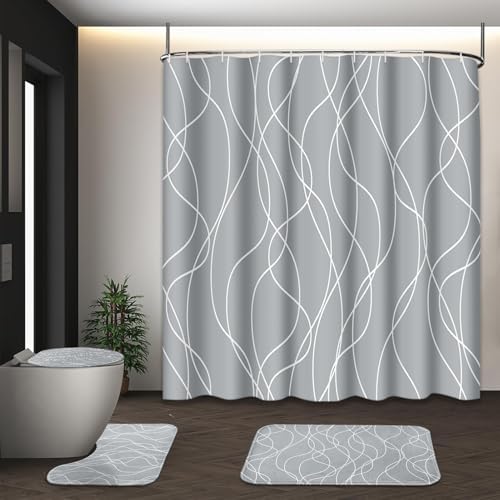 Bathroom Sets with Shower Curtain and Rugs 4 Pcs, Abstract Modern