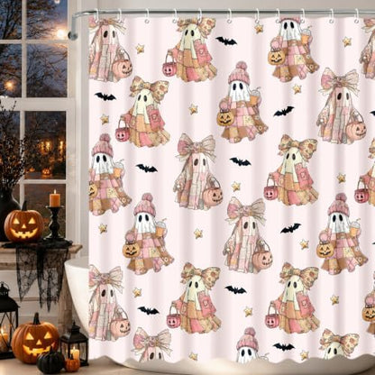 MEHOFOND Halloween Pink Patchwork Ghost Shower Curtain Pumpkin Bath Decor