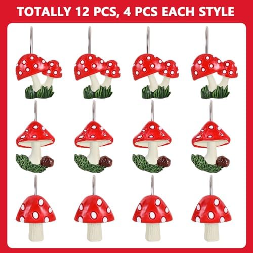 12-Piece Mushroom Shower Curtain Hooks for Bathroom
