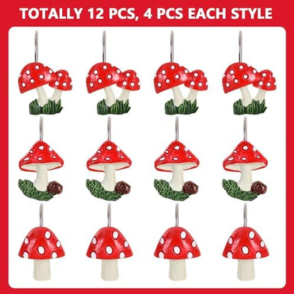 12-Piece Mushroom Shower Curtain Hooks for Bathroom