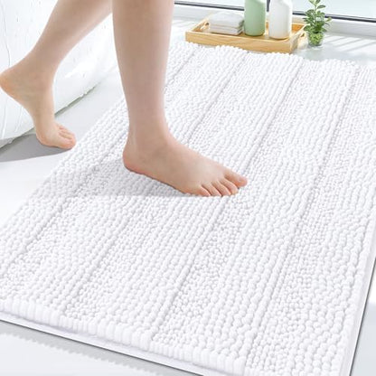 Grandaily Chenille Striped Bathroom Rugs 40x32, Extra Thick and Soft Absorbent Bath Mats, Rubber Backing, Plush Shaggy Shower Carpet, Machine Wash Dry, Bath Rug for Bathroom, Solid White