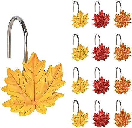 Sunlit Maple Leaf Shower Curtain Hooks for Fall Autumn, Home Decorative Shower Curtain Rings for Bathroom, Resin, Orange Red Maple Leaves Shower Curtain Hangers Hooks Bath Accessories, Set of 12