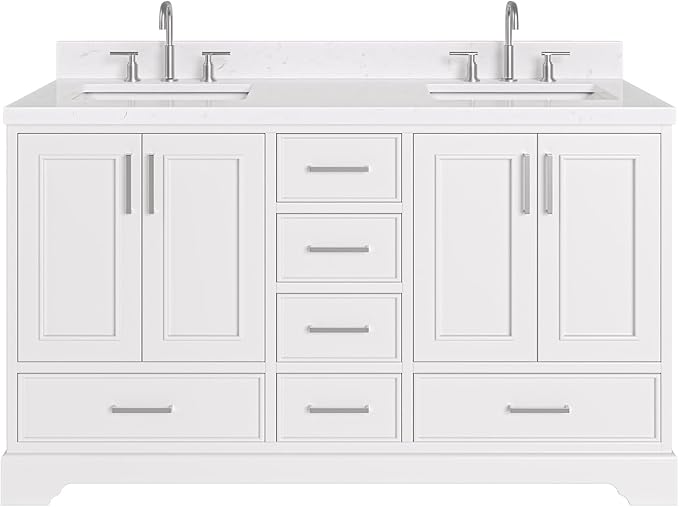 ARIEL Stafford 60-inch Bathroom Vanity with Sink,Solid Wood, 1.5-inch Carrara White Quartz Countertop, Double Rectangular Porcelain Sink, 4 Soft Closing Doors, 6 Dovetail Drawers, White