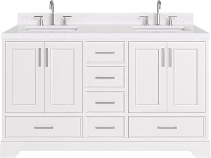 ARIEL Stafford 60-inch Bathroom Vanity with Sink,Solid Wood, 1.5-inch Carrara White Quartz Countertop, Double Rectangular Porcelain Sink, 4 Soft Closing Doors, 6 Dovetail Drawers, White
