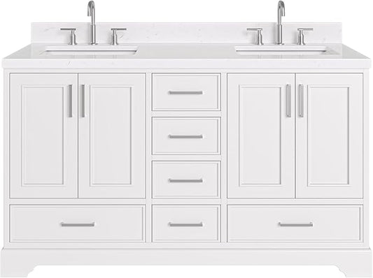 ARIEL Stafford 60-inch Bathroom Vanity with Sink,Solid Wood, 1.5-inch Carrara White Quartz Countertop, Double Rectangular Porcelain Sink, 4 Soft Closing Doors, 6 Dovetail Drawers, White