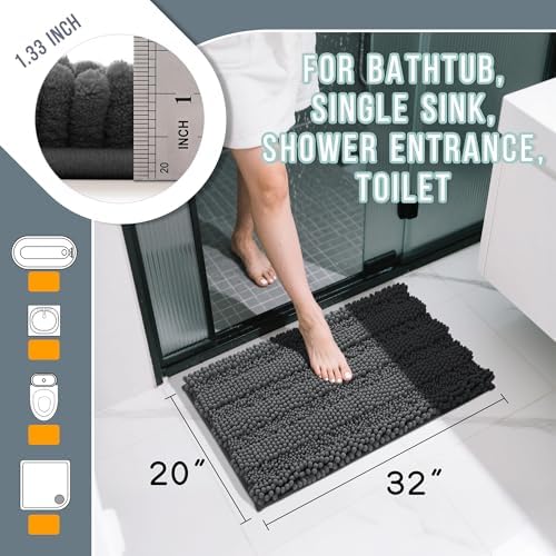 Yimobra Bathroom Rug Mat 32 x 20, Non Slip and Super Absorbent Bath Mat,Machine Washable Quick Dry,Ultra Plush Chenille Shower Rugs for Bathroom Floor Sink Tub and Shower Outside,Dark Gray