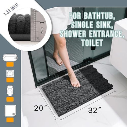 Yimobra Bathroom Rug Mat 32 x 20, Non Slip and Super Absorbent Bath Mat,Machine Washable Quick Dry,Ultra Plush Chenille Shower Rugs for Bathroom Floor Sink Tub and Shower Outside,Dark Gray