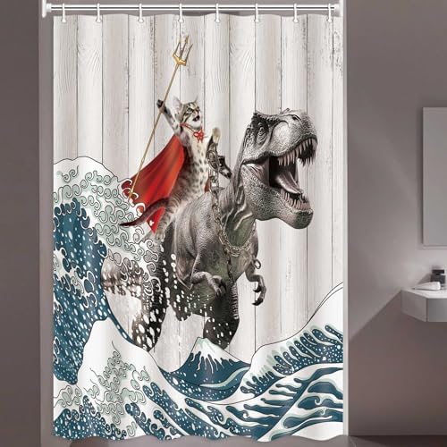 Funny Cat Shower Curtain, Cool Cat Dinosaur Japanese Ocean Wave Shower Curtain, Cat Riding Dinosaur Fun Shower Curtain Nautical Kids Children Rustic Wooden Farmhouse Shower Curtain, 36X72inch, Brown