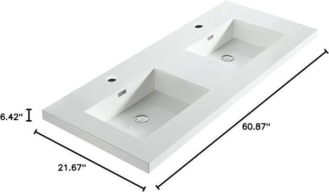 Dowell 61" Bathroom Sink,Double Bowl Vanity Basin,Rectangular Drop-In Bathroom Sink with Overflow,White-000 6122BP