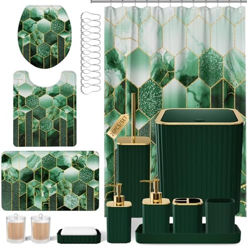 XLHOMO Bathroom Set - 26PC Bathroom Set with Shower Curtain and Rugs, Bathroom Accessory Set, Dark Green Bathroom Accessories Set, Trash Can & Soap Dispenser