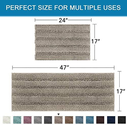 H.VERSAILTEX 2 Piece Bathroom Set - Super Absorbent Chenille Striped Bath Mats, Non Skid, Machine Washable (Taupe, 47 x 17 Plus 17 x 24 - Inches)