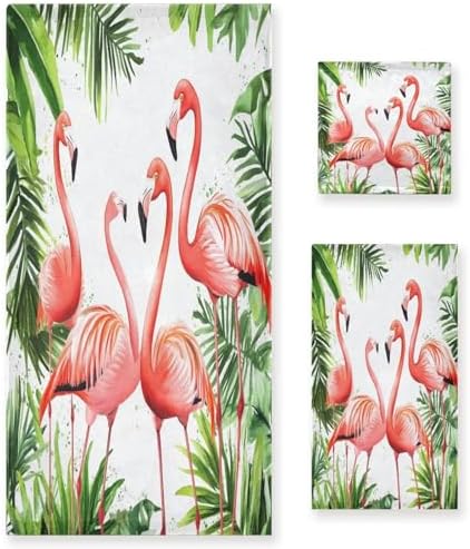 Naanle Stylish Splashed Pink Flamingo Soft Luxury Decorative Set of 3 Towels, 1 Bath Towel+1 Hand Towel+1 Washcloth, Multipurpose for Bathroom, Hotel, Gym, Spa and Kitchen