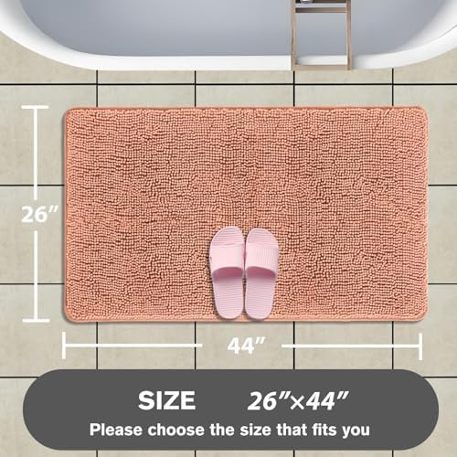 Dusty Pink Bathroom Rugs – Absorbent and Washable Bath Mat, Non-Slip, Thick Soft Chenille Bath Rugs for Bathroom Floor, Shower, Sink - 26" x 44"