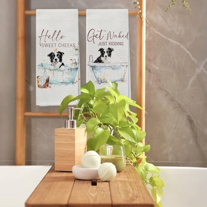 Funny Border Collie Hand Towels, Hello Sweet Cheeks Bathroom Decor, Border Collie Gifts Decorative Hand Towels for Bathroom Washroom Restroom, 16x24 Inch Set of 2