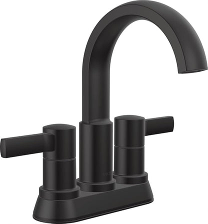 Delta Albion Centerset Matte Black Bathroom Faucet, 4 Inch 3 Hole Bathroom Sink Faucet for Vanity, Metal Push-Pop Drain Assembly, Matte Black 25855LF-BL