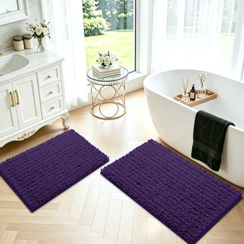 ACCUMTEK Upgrade Luxury 2 Piece Deep Purple Toilet Bathroom Rug Mat 32"x20"+24"x17", Ultra Soft Thick Absorbent Bath Mats, Non Slip Chenille Toilet Mat for Bathroom, Bedroom, Kitchen, Shower, Tub